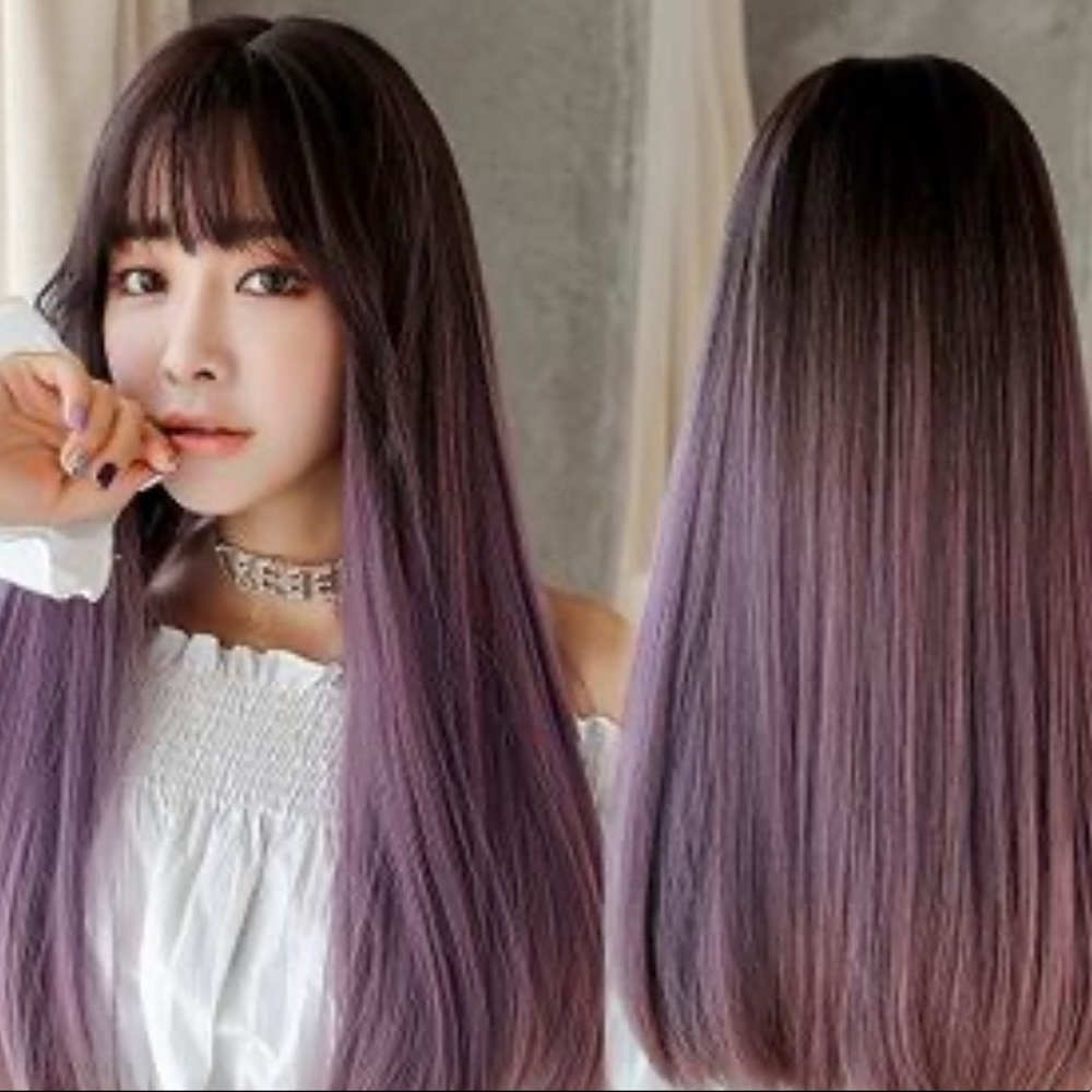 purple lilac lavender bangs wig super long